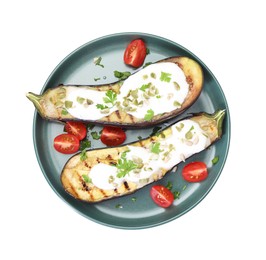Photo of Slices of grilled eggplant with pumpkin seeds and yoghurt isolated on white, top view