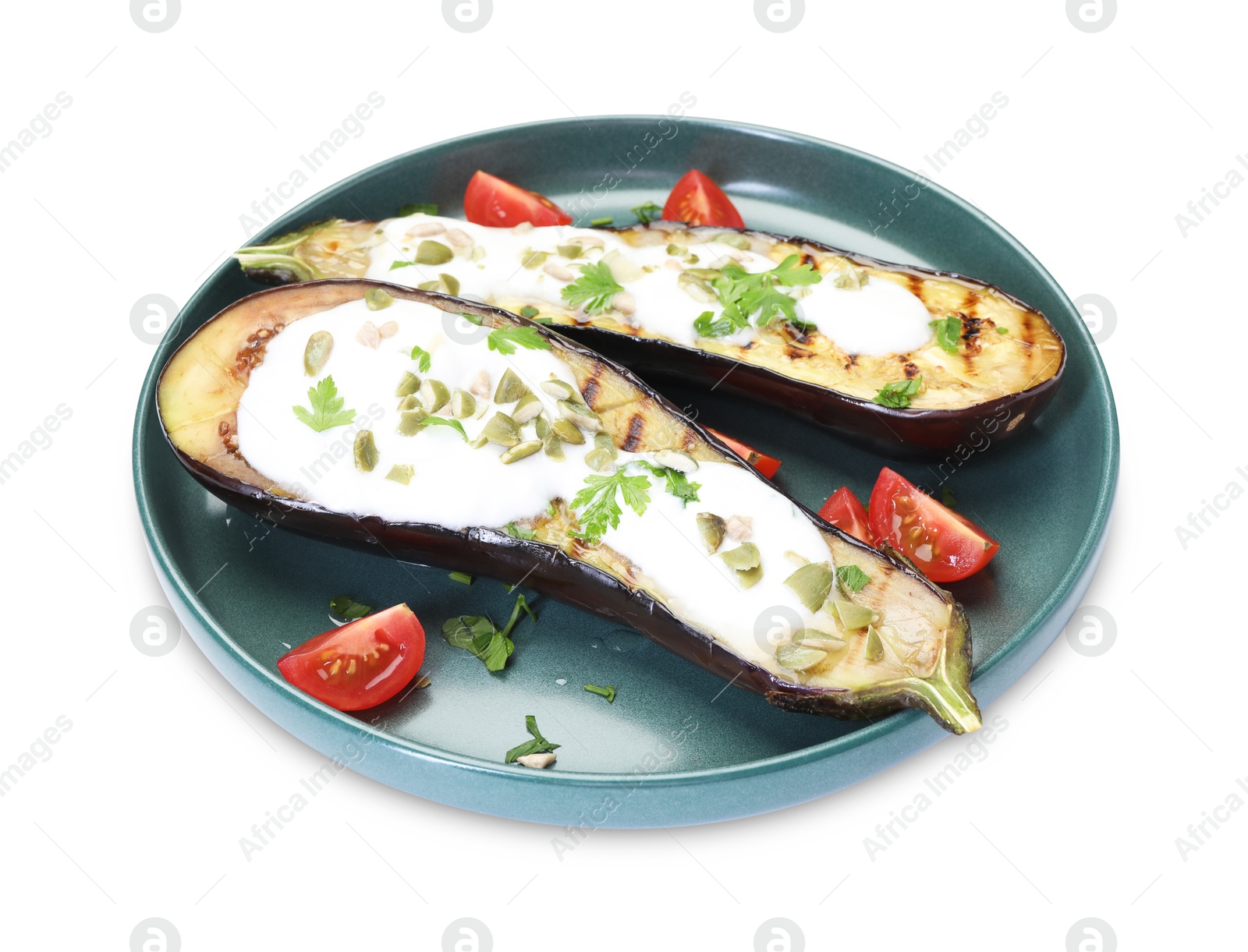Photo of Slices of grilled eggplant with pumpkin seeds and yoghurt isolated on white