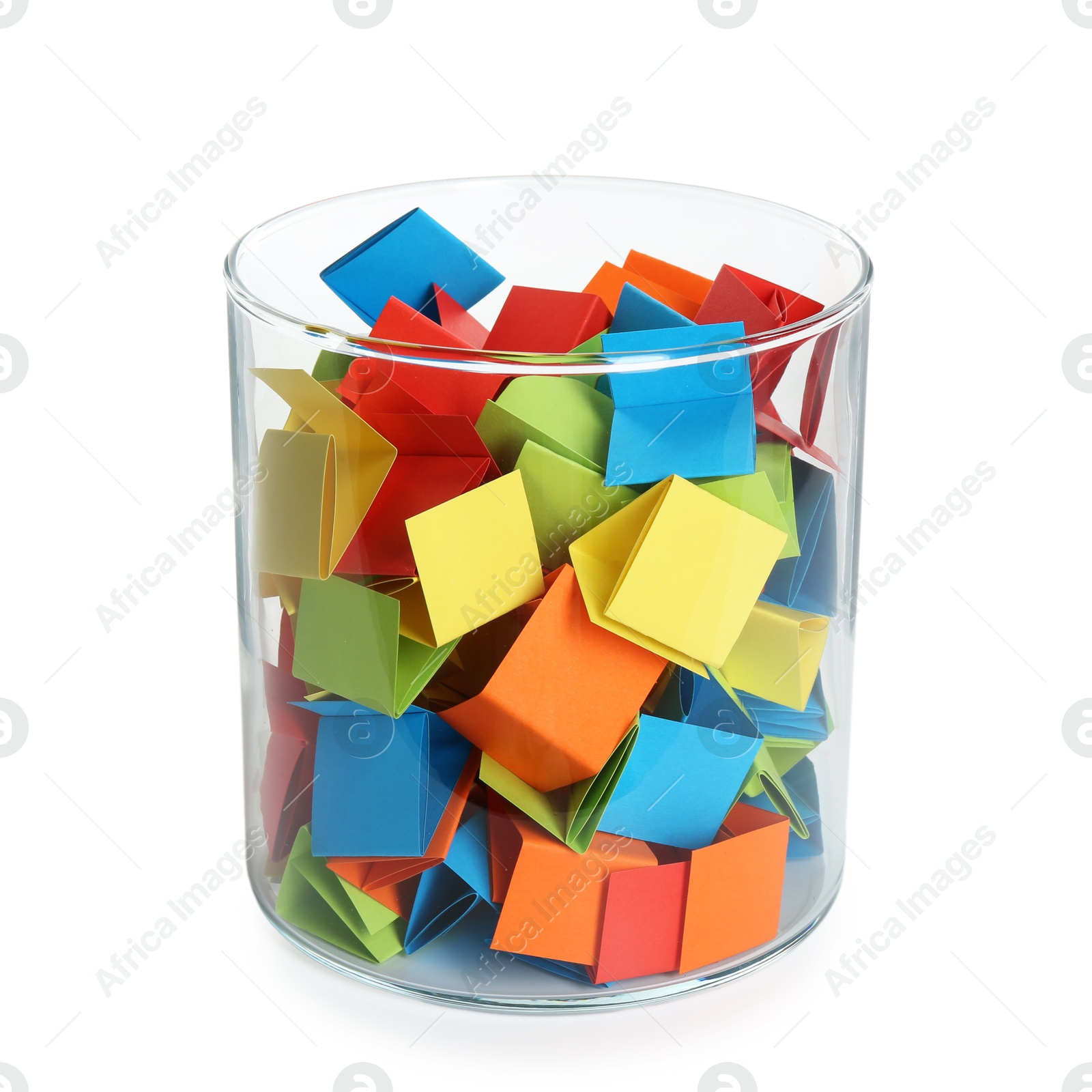 Many colorful paper pieces in glass isolated on white Photo of Many colorful paper pieces in glass isolated on white