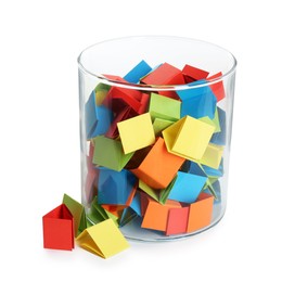 Photo of Many colorful paper pieces in glass isolated on white