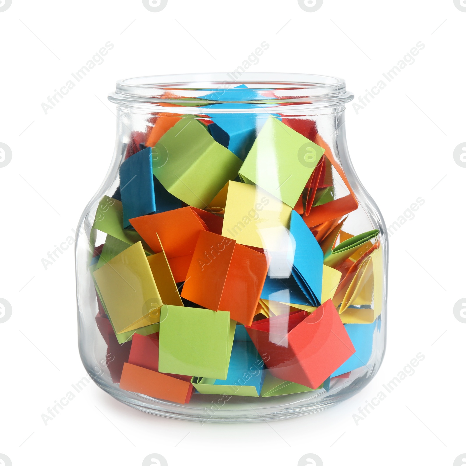 Many colorful paper pieces in glass jar isolated on white Photo of Many colorful paper pieces in glass jar isolated on white
