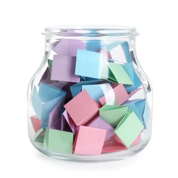Photo of Many colorful paper pieces in glass jar isolated on white