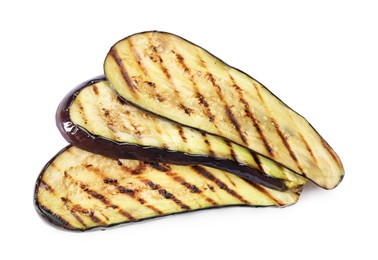 Photo of Slices of grilled eggplant isolated on white, top view