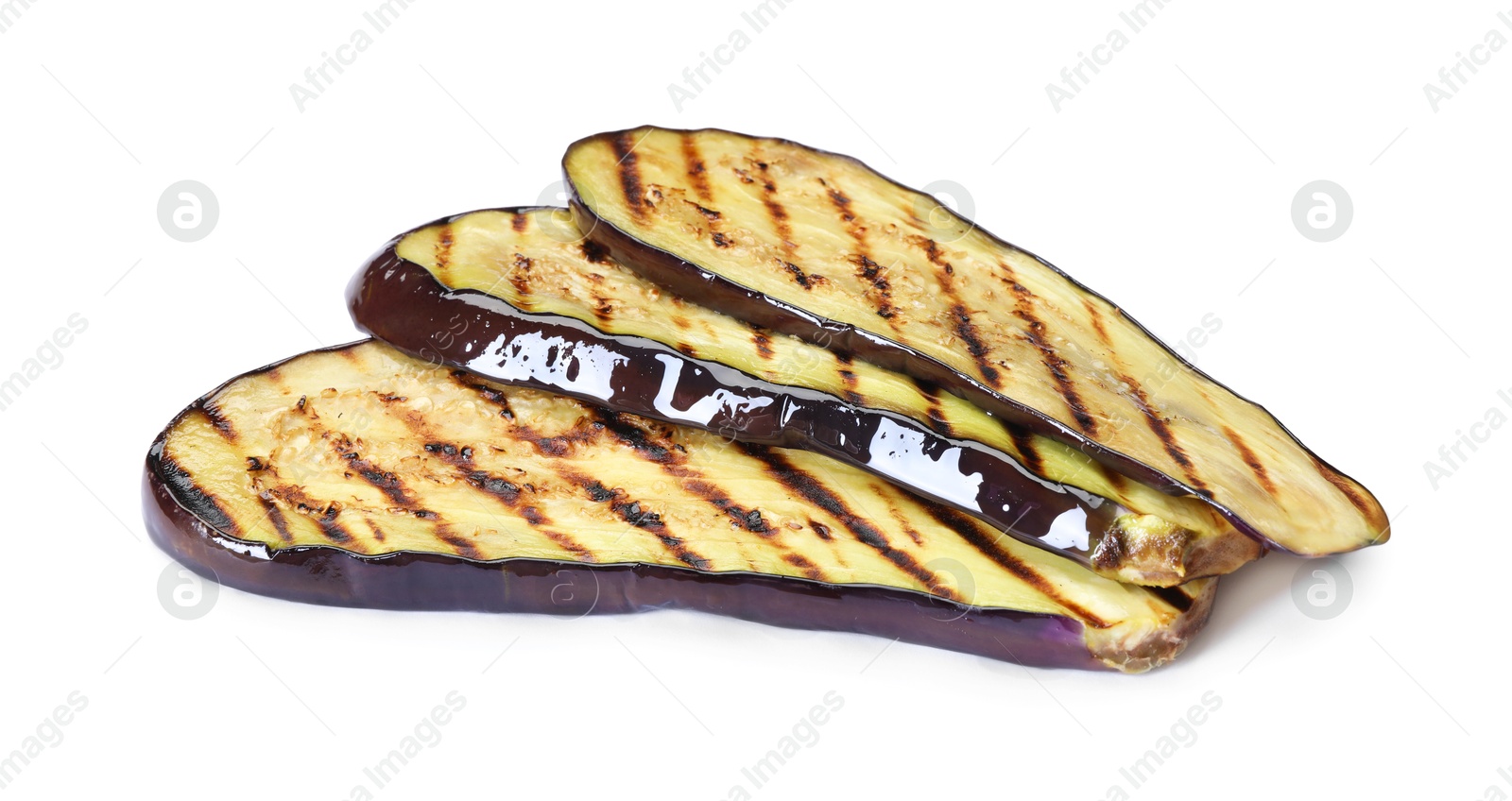 Slices of grilled eggplant isolated on white Photo of Slices of grilled eggplant isolated on white