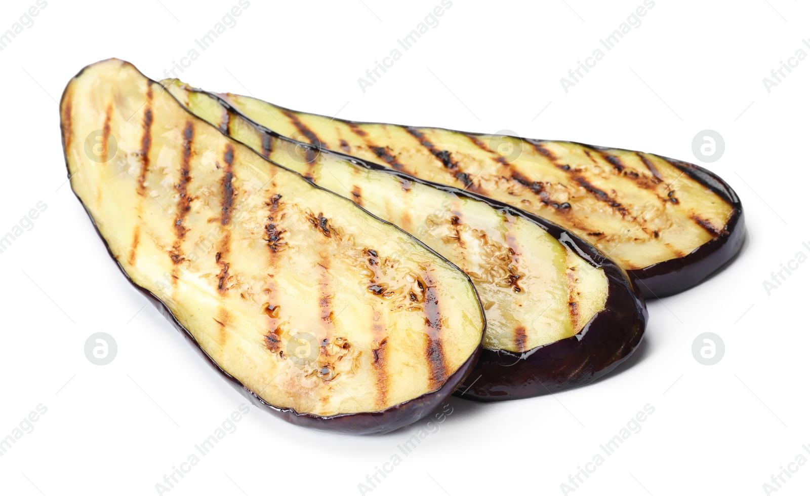 Slices of grilled eggplant isolated on white Photo of Slices of grilled eggplant isolated on white