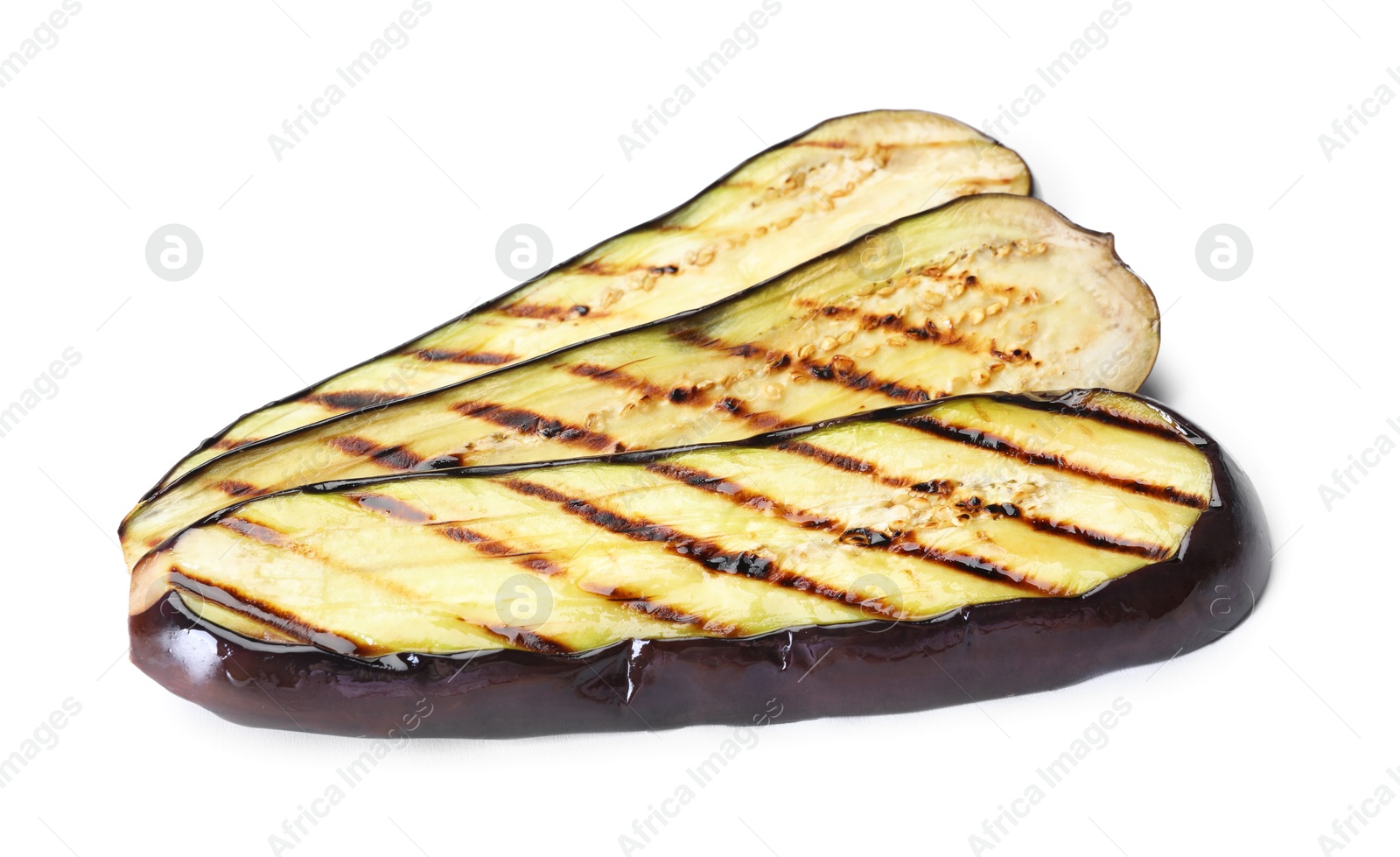 Slices of grilled eggplant isolated on white Photo of Slices of grilled eggplant isolated on white