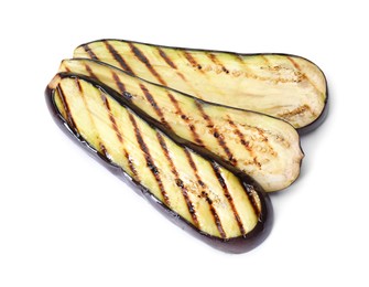 Photo of Slices of grilled eggplant isolated on white, top view