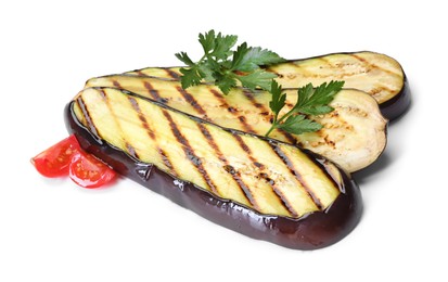 Photo of Slices of grilled eggplant, parsley and tomatoes isolated on white