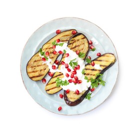 Photo of Slices of grilled eggplant, yoghurt, parsley and pomegranate seeds isolated on white, top view