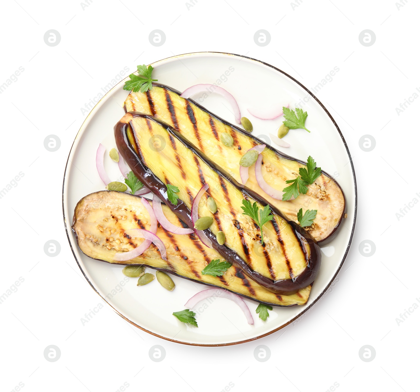 Slices of grilled eggplant, parsley, pumpkin seeds and onion isolated on white, top view Photo of Slices of grilled eggplant, parsley, pumpkin seeds and onion isolated on white, top view
