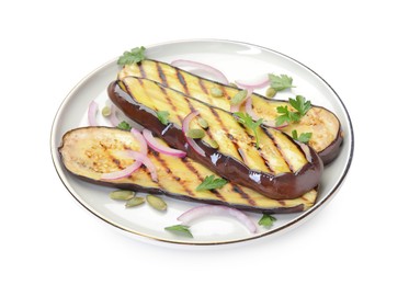 Photo of Slices of grilled eggplant, parsley, pumpkin seeds and onion isolated on white