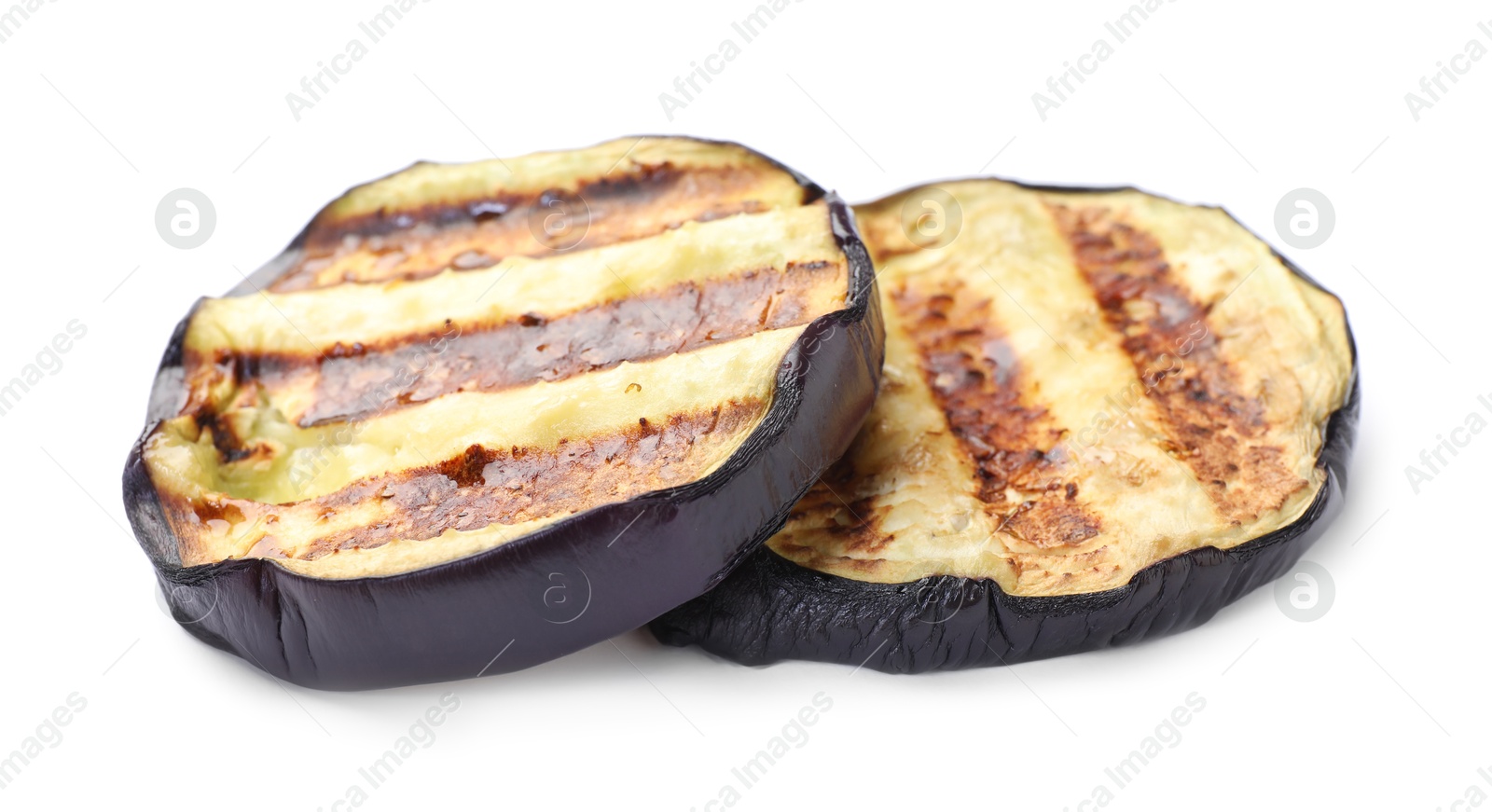 Slices of grilled eggplant isolated on white Photo of Slices of grilled eggplant isolated on white