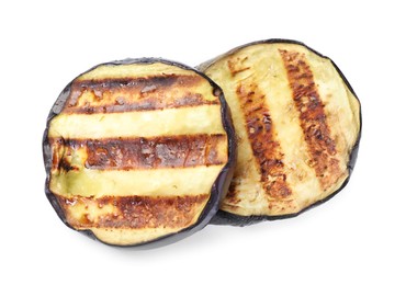 Photo of Slices of grilled eggplant isolated on white, top view