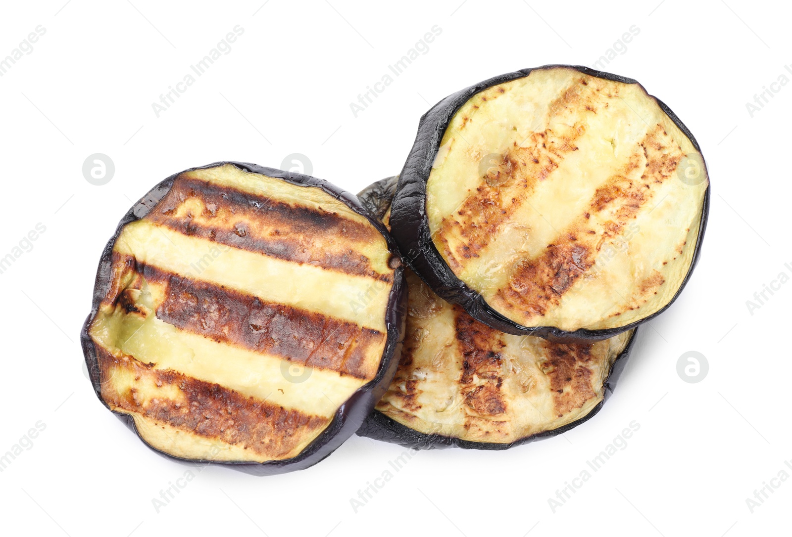 Slices of grilled eggplant isolated on white, top view Photo of Slices of grilled eggplant isolated on white, top view