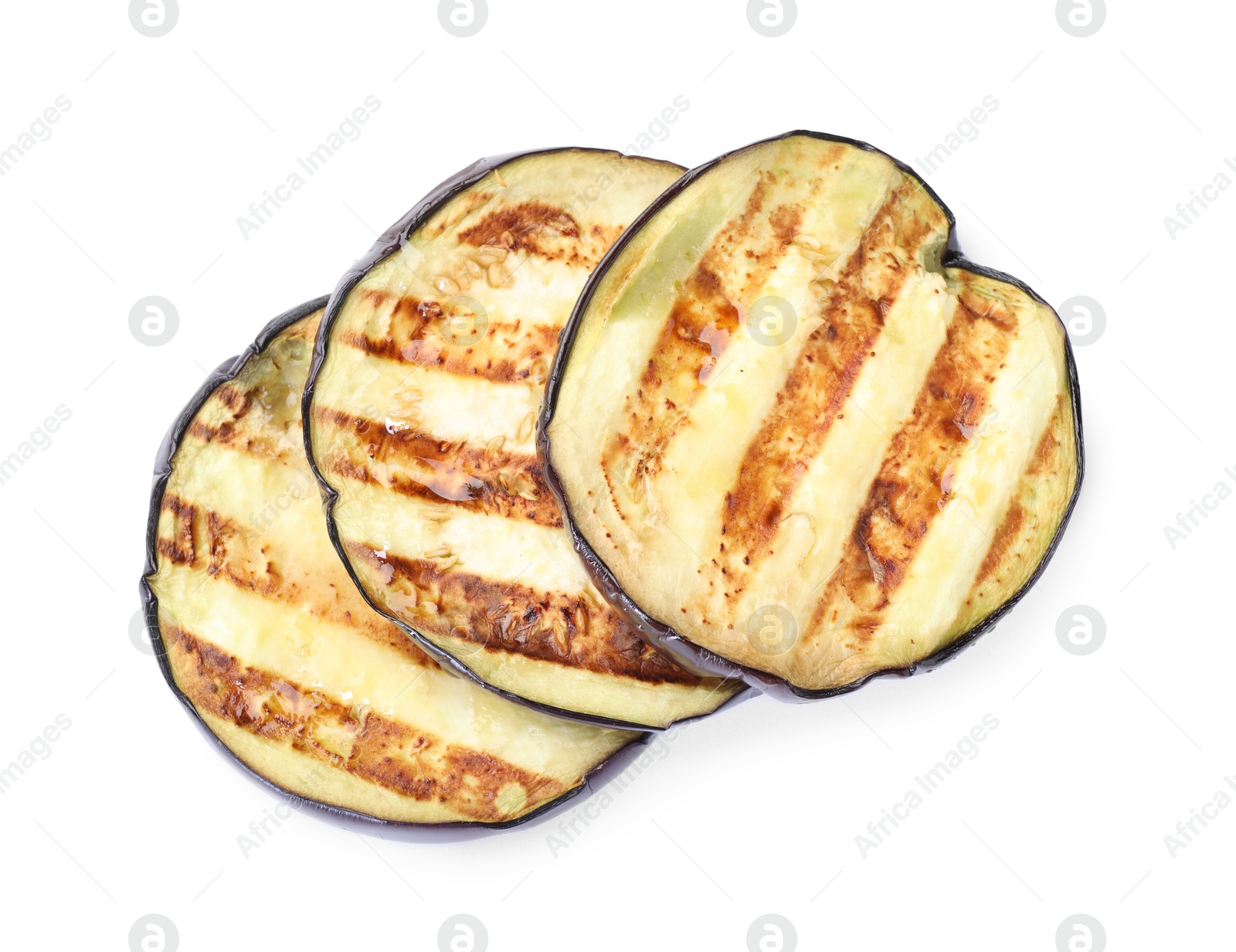 Slices of grilled eggplant isolated on white, top view Photo of Slices of grilled eggplant isolated on white, top view