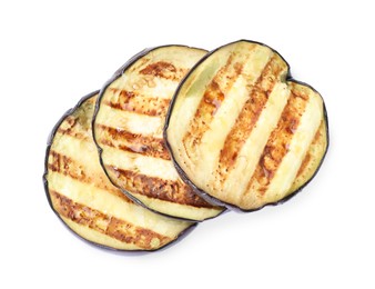 Photo of Slices of grilled eggplant isolated on white, top view