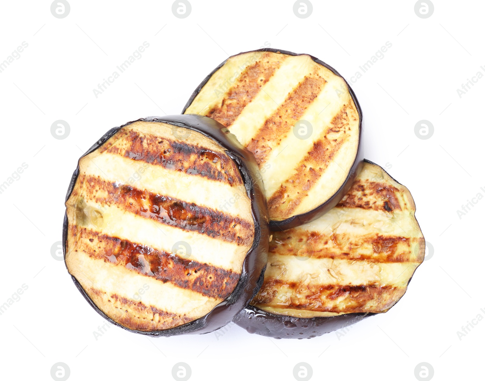 Slices of grilled eggplant isolated on white, top view Photo of Slices of grilled eggplant isolated on white, top view