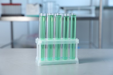 Photo of Test tubes with green liquid on light table in laboratory