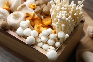 Photo of Different raw mushrooms in crate on wooden table, closeup