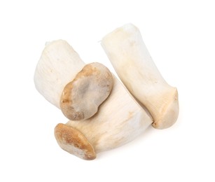 Photo of Fresh raw eryngii mushrooms isolated on white, top view