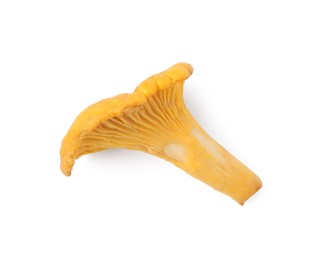 Photo of Fresh raw chanterelle mushroom isolated on white, top view