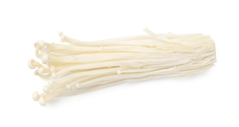 Photo of Cluster of fresh enoki mushrooms isolated on white, top view