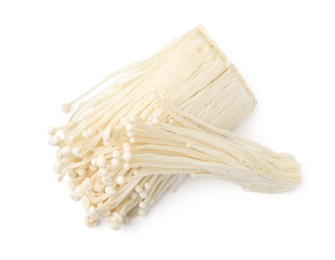 Photo of Fresh enoki mushrooms isolated on white, top view