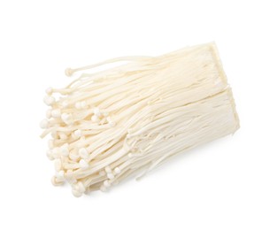 Photo of Cluster of fresh enoki mushrooms isolated on white, top view