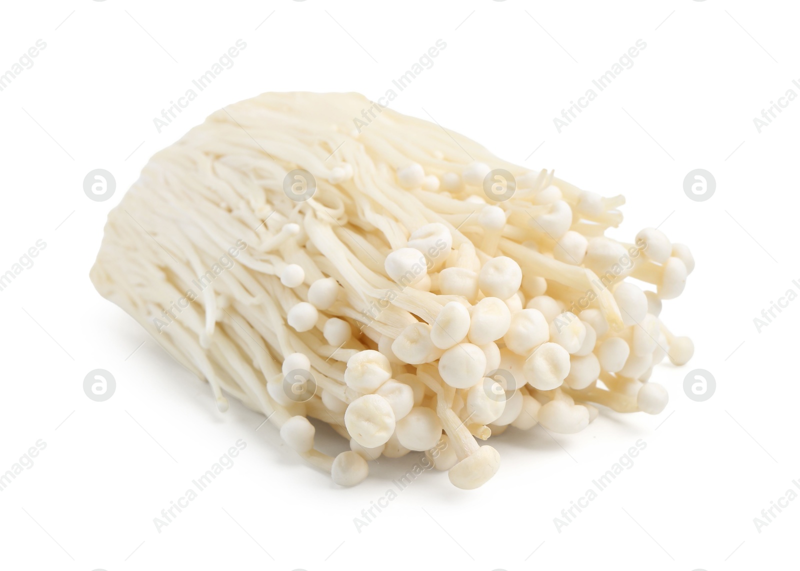 Cluster of fresh enoki mushrooms isolated on white Photo of Cluster of fresh enoki mushrooms isolated on white