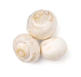 Photo of Fresh raw champignon mushrooms isolated on white, top view