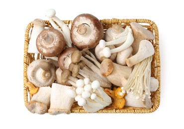 Photo of Different raw mushrooms in wicker basket isolated on white, top view