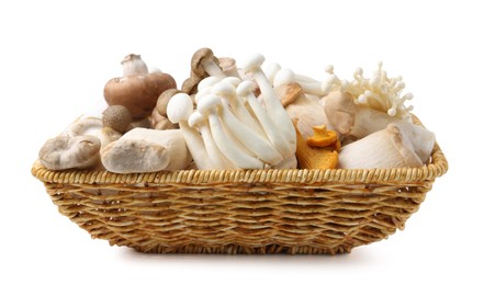 Photo of Different raw mushrooms in wicker basket isolated on white