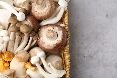Photo of Different raw mushrooms in wicker basket on grey textured table, top view. Space for text