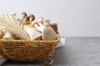 Photo of Different raw mushrooms in wicker basket on grey textured table against light background, closeup. Space for text