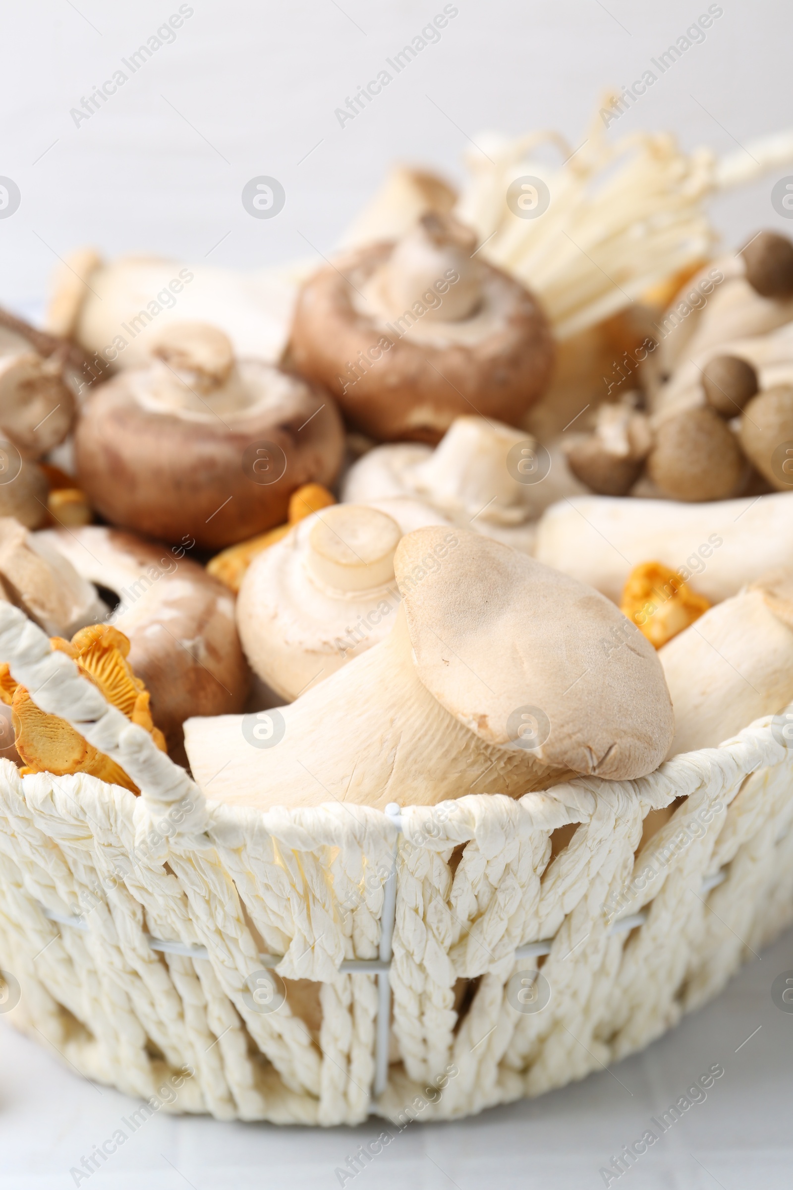 Photo of Different raw mushrooms in wicker basket on white tiled table, closeup