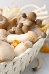 Photo of Different raw mushrooms in wicker basket on white tiled table, closeup