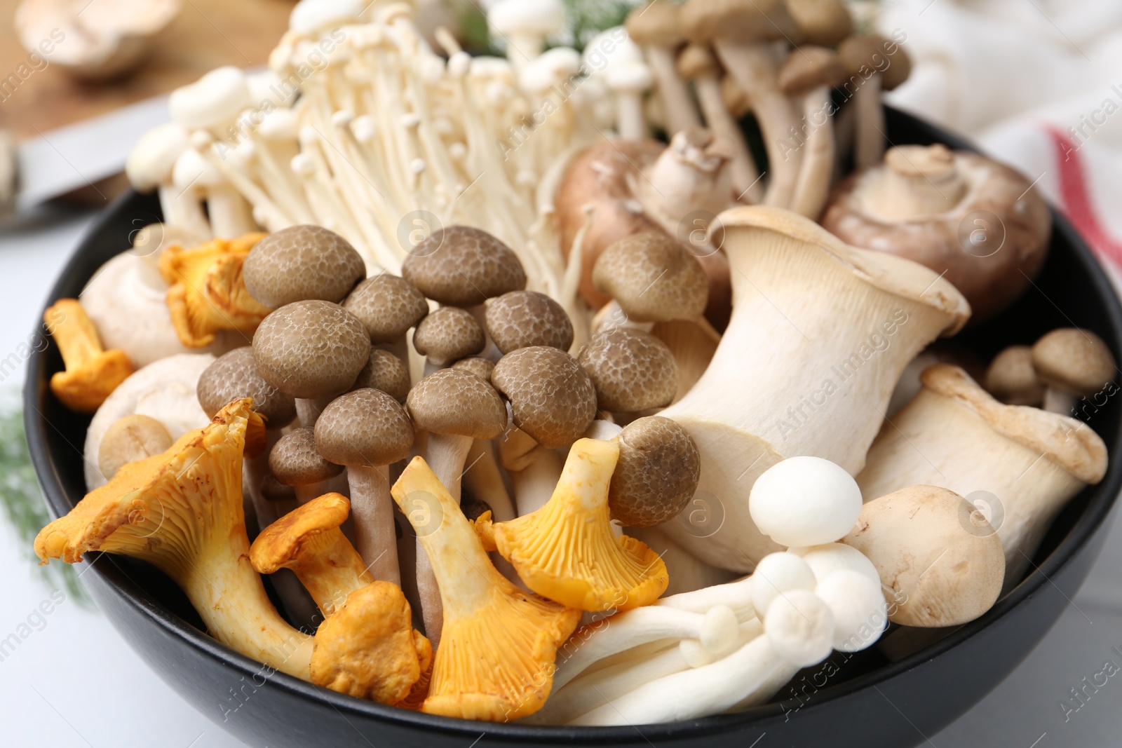 Photo of Different raw mushrooms in bowl on white table, closeup