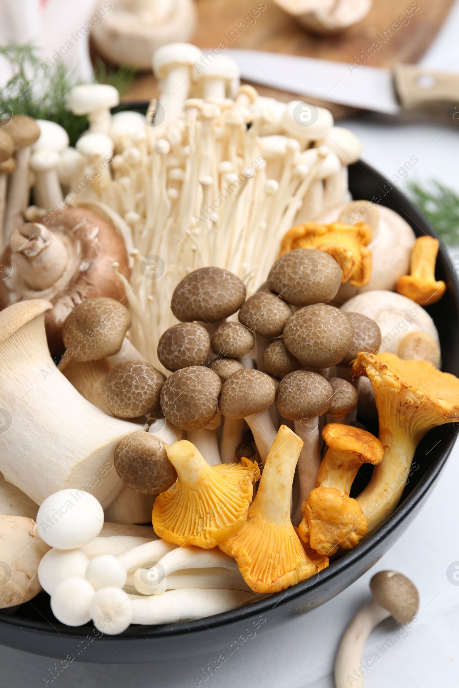 Photo of Different raw mushrooms in bowl on white table, closeup