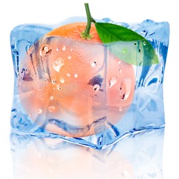 Image of Fresh grapefruit inside ice cube on white background