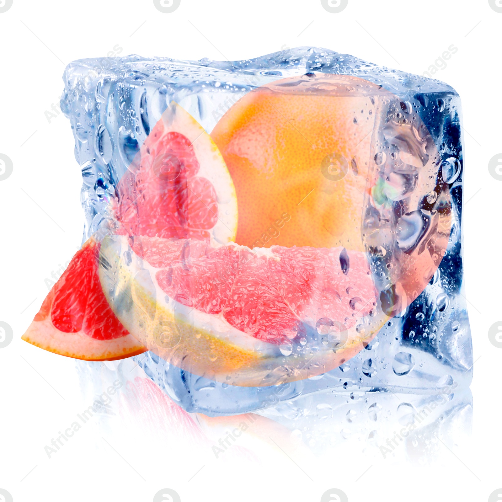 Image of Fresh grapefruits inside ice cube on white background
