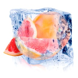 Image of Fresh grapefruits inside ice cube on white background