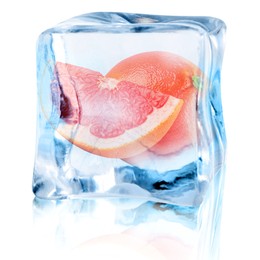 Image of Fresh grapefruits inside ice cube on white background