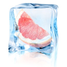Image of Piece of fresh grapefruit inside ice cube on white background