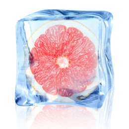 Image of Half of fresh grapefruit inside ice cube on white background