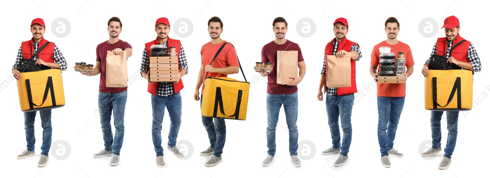Image of Food delivery service worker isolated on white, collage of portraits