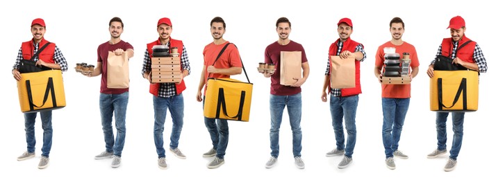 Image of Food delivery service worker isolated on white, collage of portraits