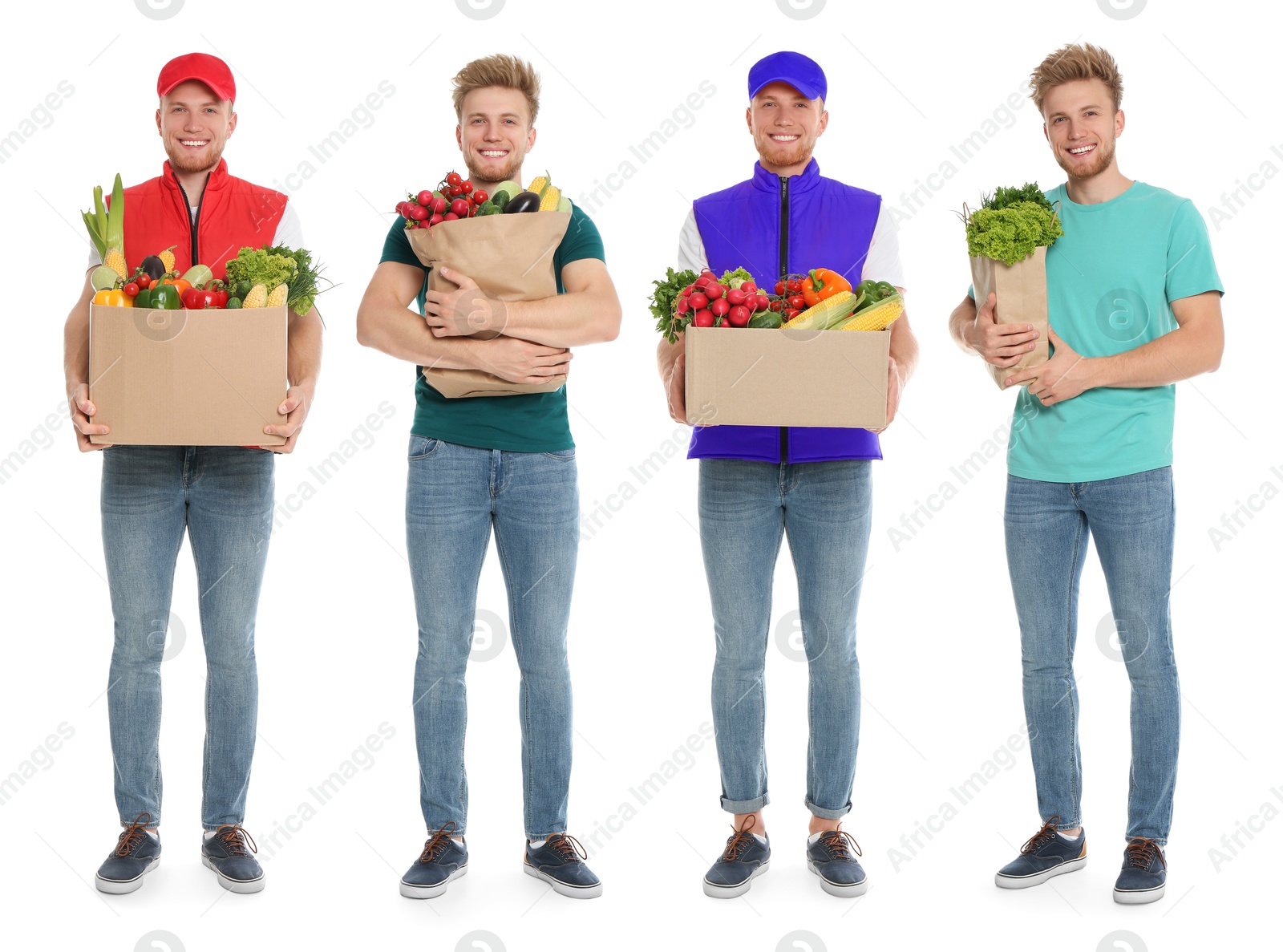 Food delivery service worker isolated on white, collage of portraits Image of Food delivery service worker isolated on white, collage of portraits