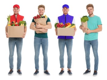 Image of Food delivery service worker isolated on white, collage of portraits