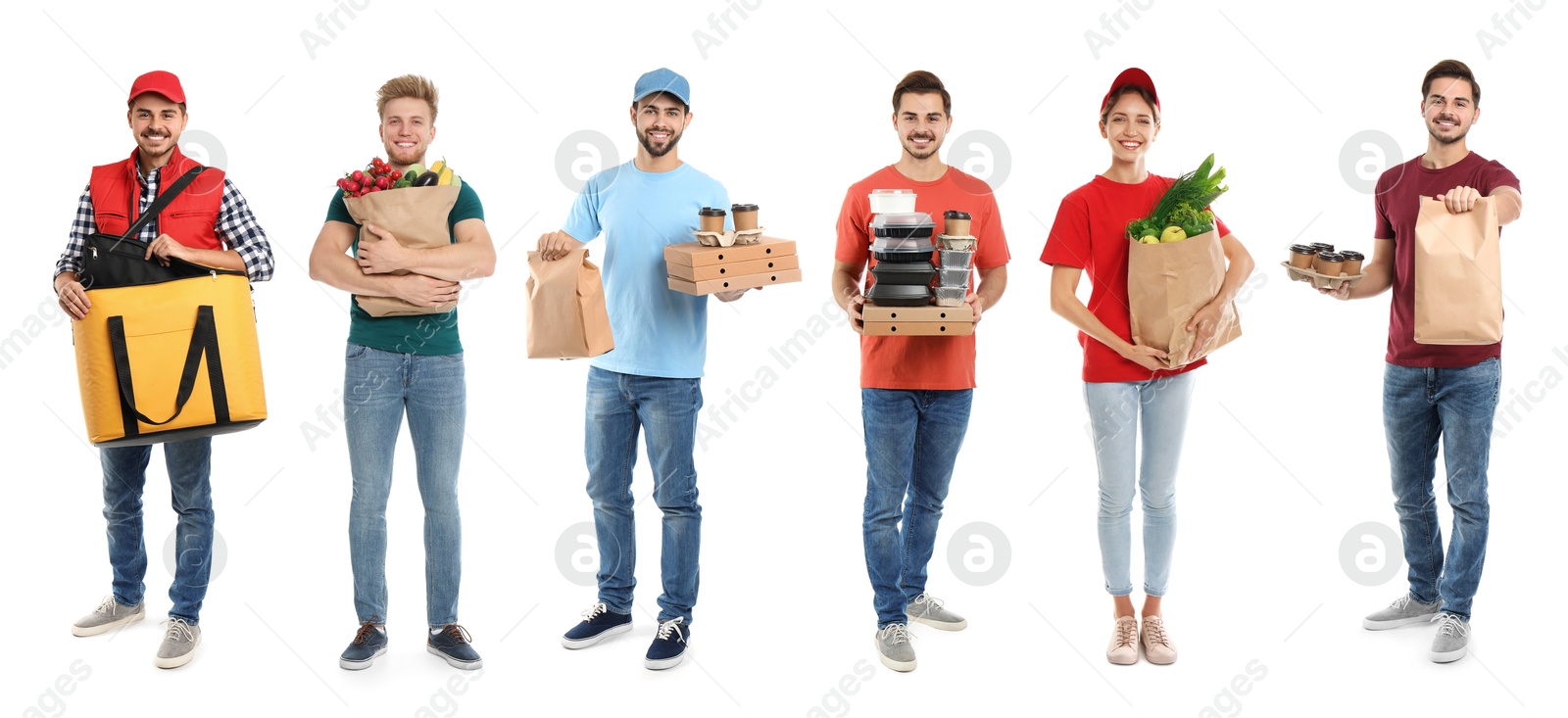 Food delivery service workers isolated on white, collage of portraits Image of Food delivery service workers isolated on white, collage of portraits