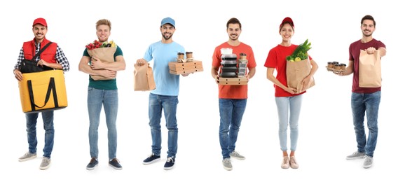 Image of Food delivery service workers isolated on white, collage of portraits